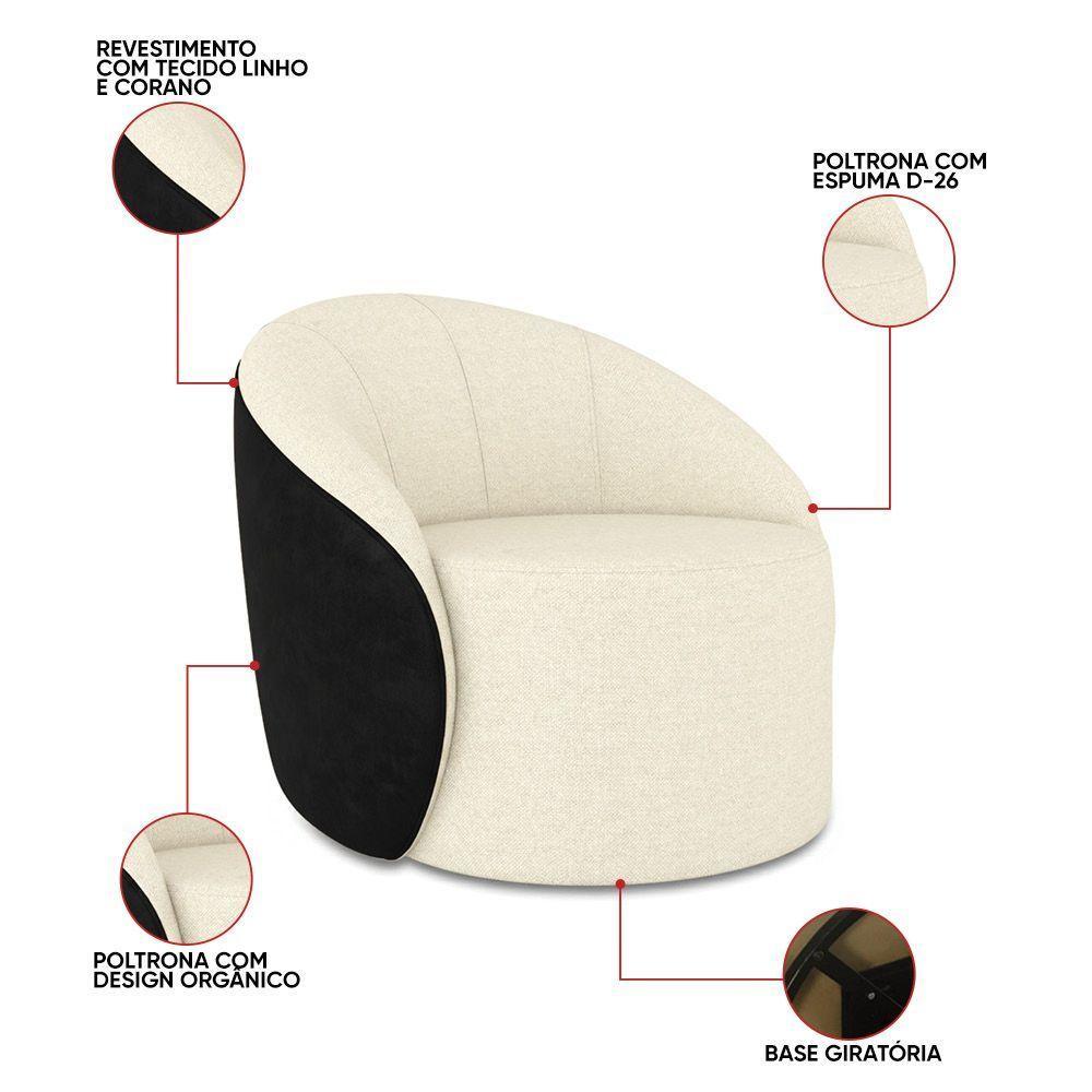Poltrona Sala Orgânica Kit 2 Lua Giratória Sintético Pu Preto/linho Bege D03 - D'rossi - 3