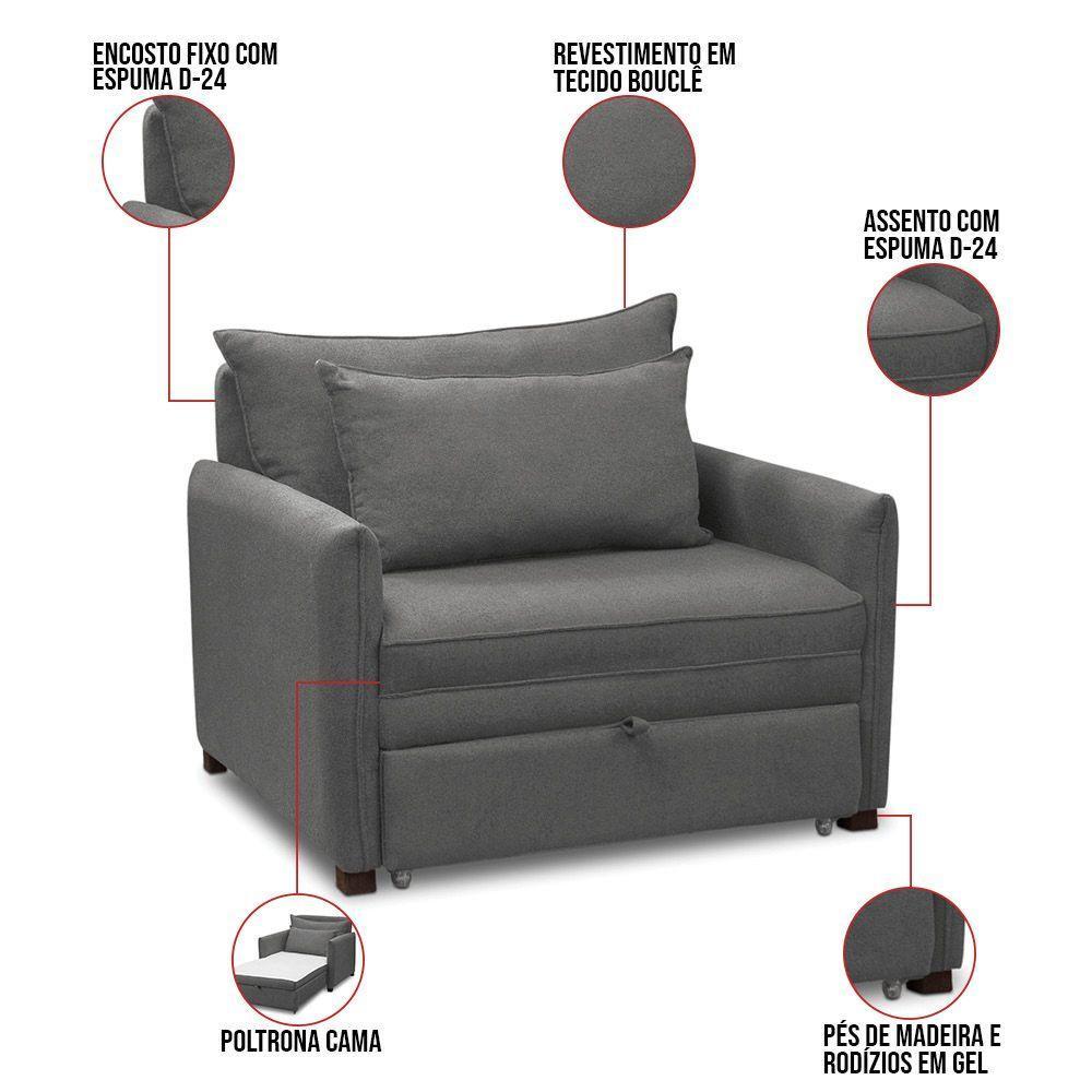 Poltrona Cama Retrátil Solteiro Com Rodízio Cloe Bouclê Cinza Escuro E03 - D'rossi - 7