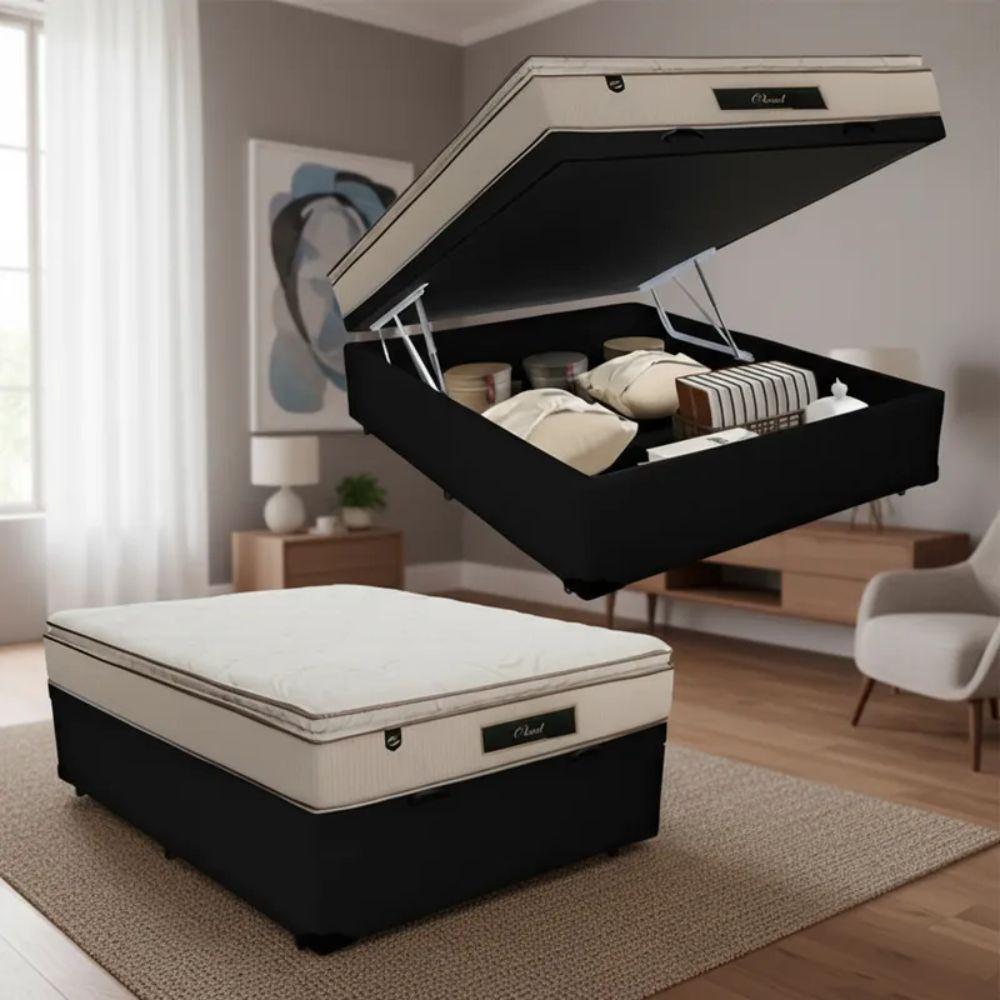 Cama Box Baú Casal Suede + Colchão Cloud Pillow Top Molas Ensacadas Luckspuma 138x188x74 Preto - 1