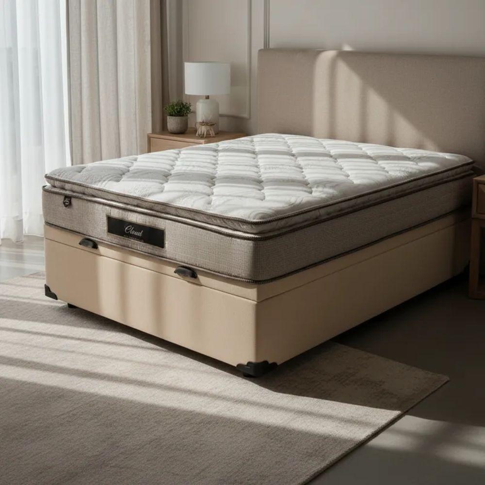 Cama Box Baú Casal Suede + Colchão Cloud Pillow Top Molas Ensacadas Luckspuma 138x188x74 Bege - 1