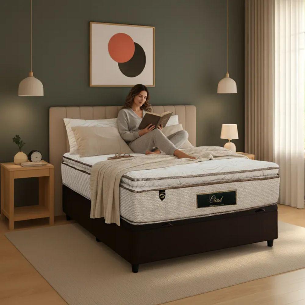 Cama Box Baú Casal Suede + Colchão Cloud Pillow Top Molas Ensacadas Luckspuma 138x188x74 Marrom - 1