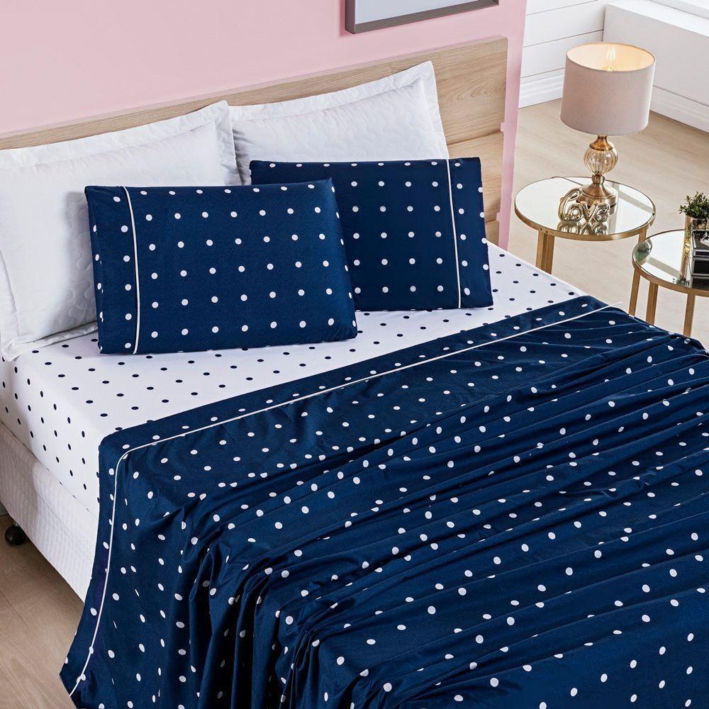 Cobre Leito + Jogo De Cama 200 Fios Petit Poá King 07 Peças 100% Poliéster - Marinho - 10