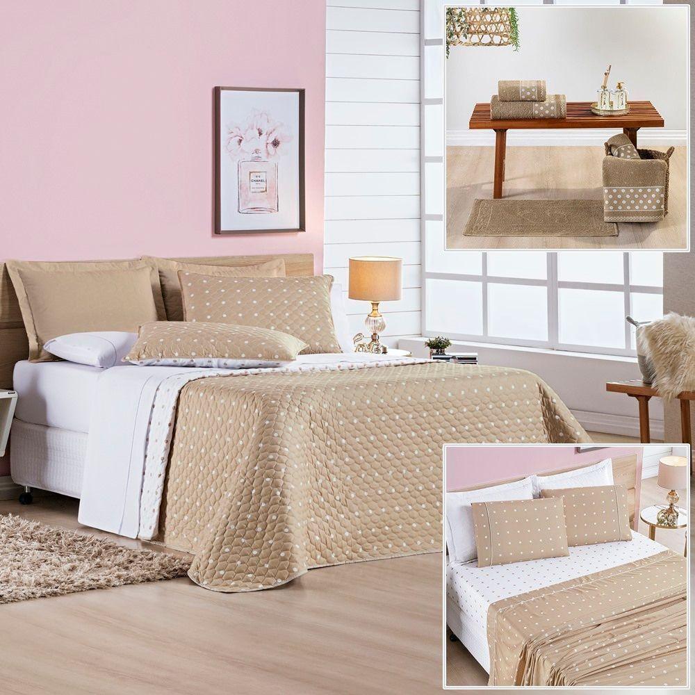 Cobre Leito + Jogo De Cama Solteiro + Jogo De Banho Petit Poá 10 Peças 100% Poliéster - Caqui - 1