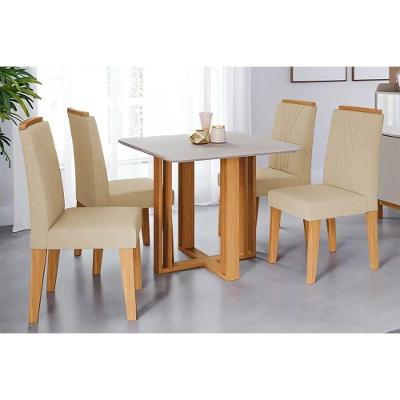 Conjunto Mesa Sala Jantar Flora Tampo Madeirado Com Vidro 95x95cm E 4 Cadeiras Nicole Nature Suede Nude Bege Cimol