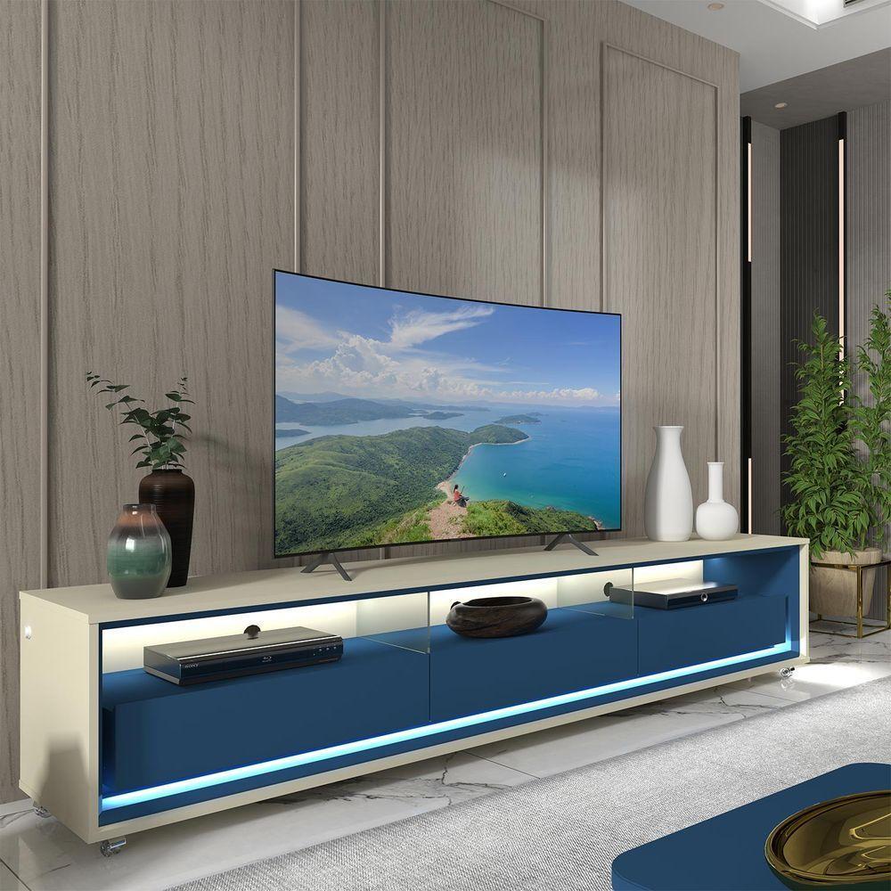 Rack Para Sala Com Led E Rodizios Off White Com Azul Royal Requinte 2.12 - Gelius Móveis - 2