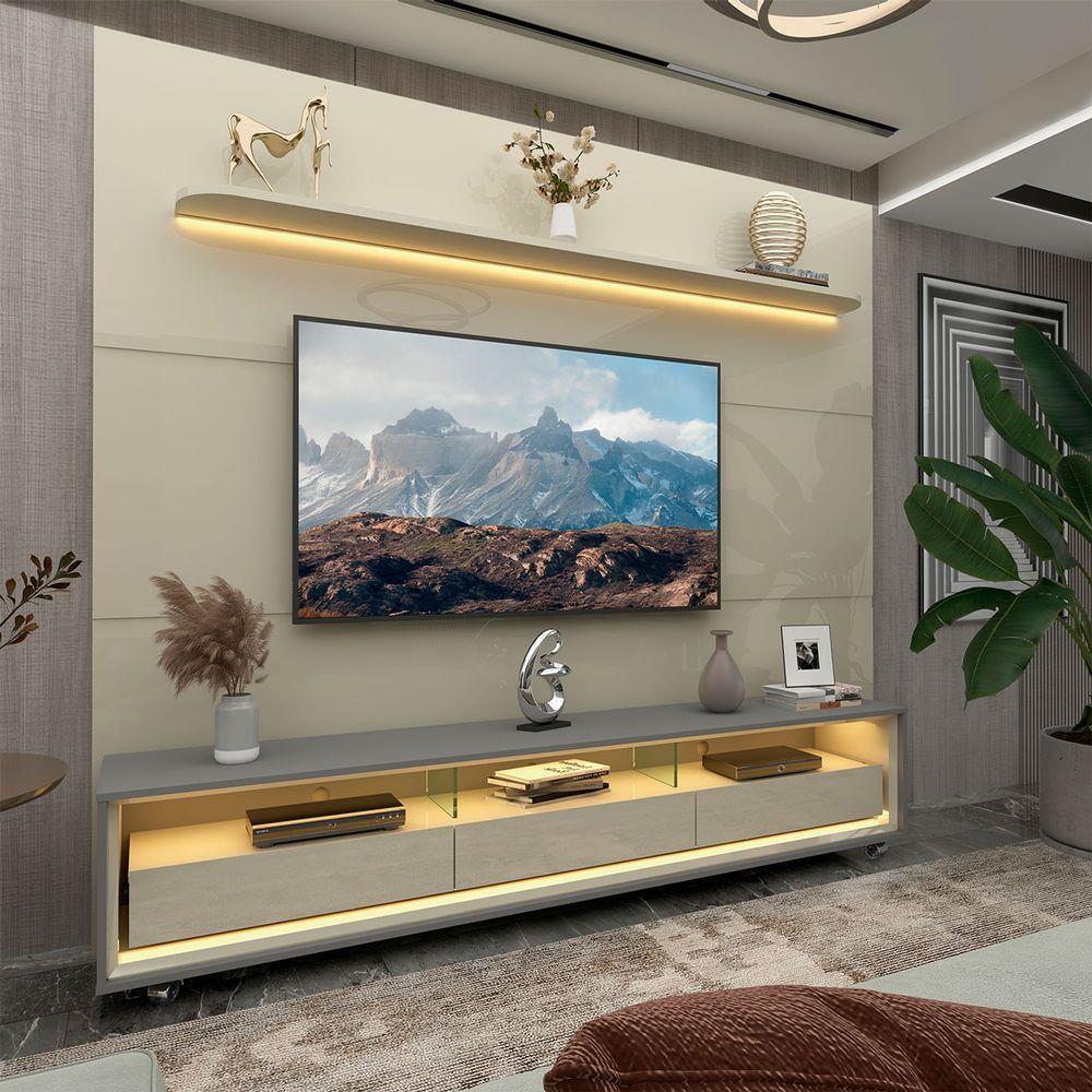 Rack Com Painel Royal/requinte 2.2 C/rodízio Off White Com Cinza - Gelius Móveis - 2