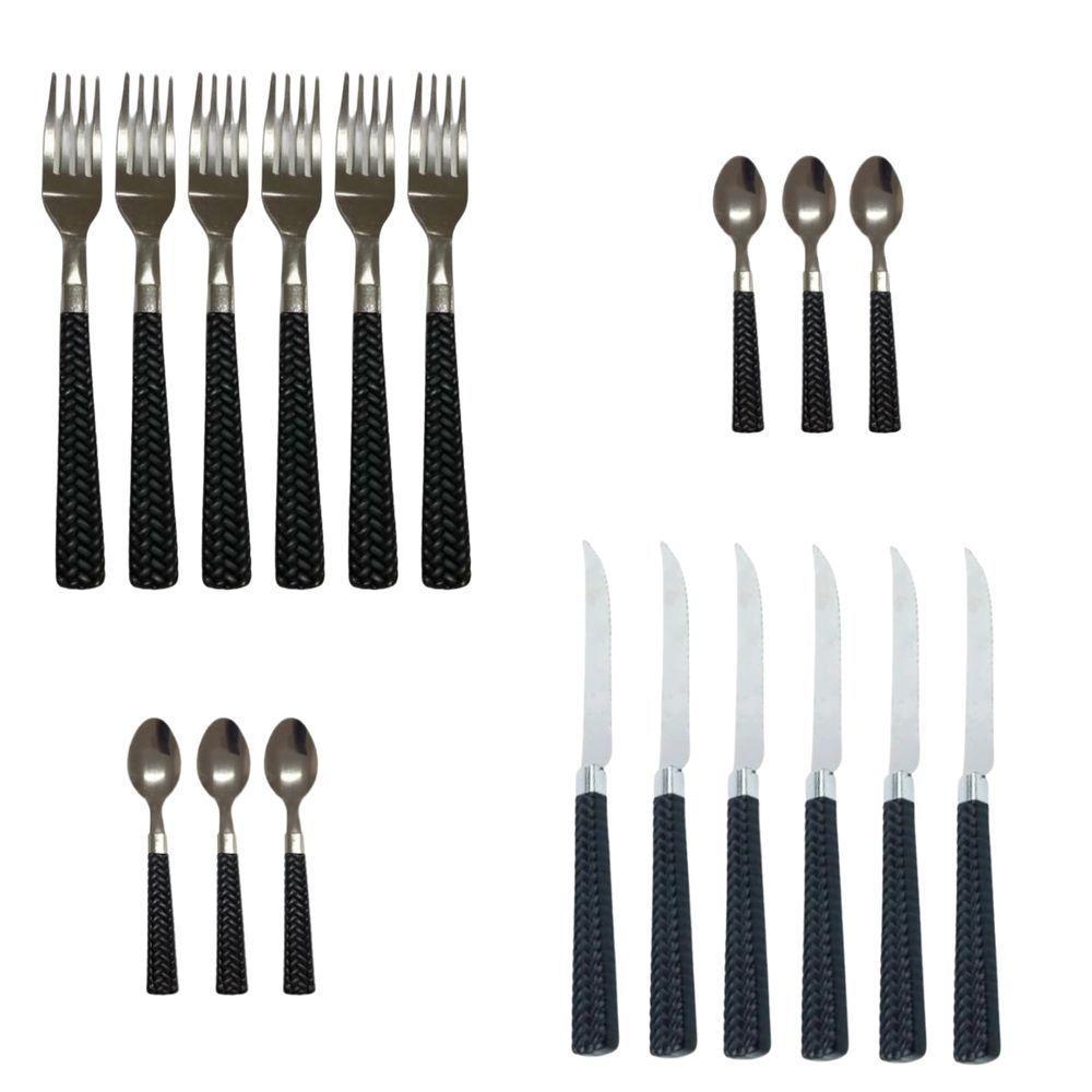 Kit 18 Peças Mesa Posta Talheres Faqueiro Faca Garfo Colher De Sobremesa Cabo Preto Top - 1