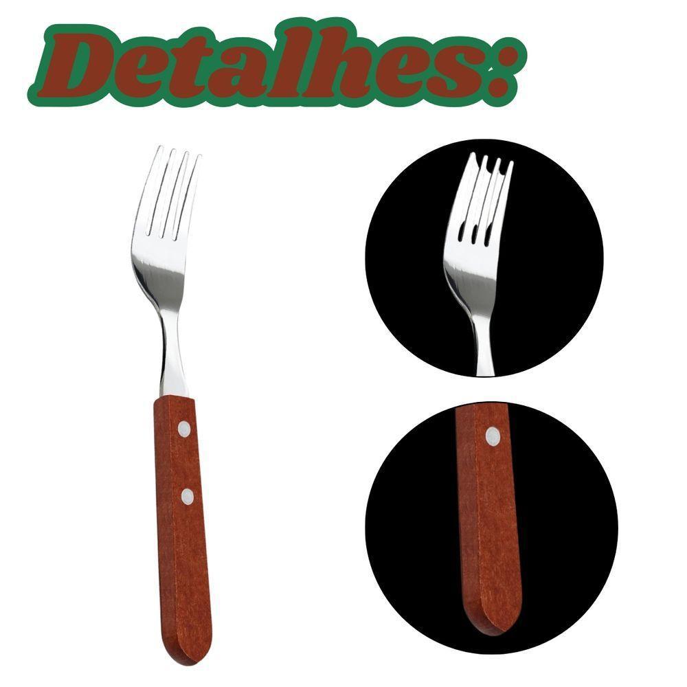 Conjunto 12 Garfos Cabo De Madeira Para Jantar Almoço Restaurante Inox - 3
