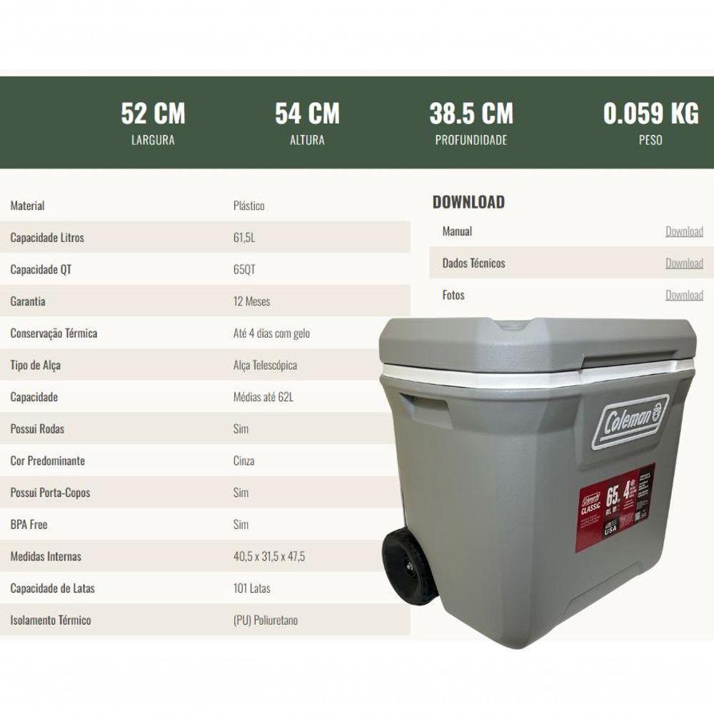 Caixa Térmica Coleman Cooler 61,5 Lt 65 Qt Com Rodas Cinza - 10