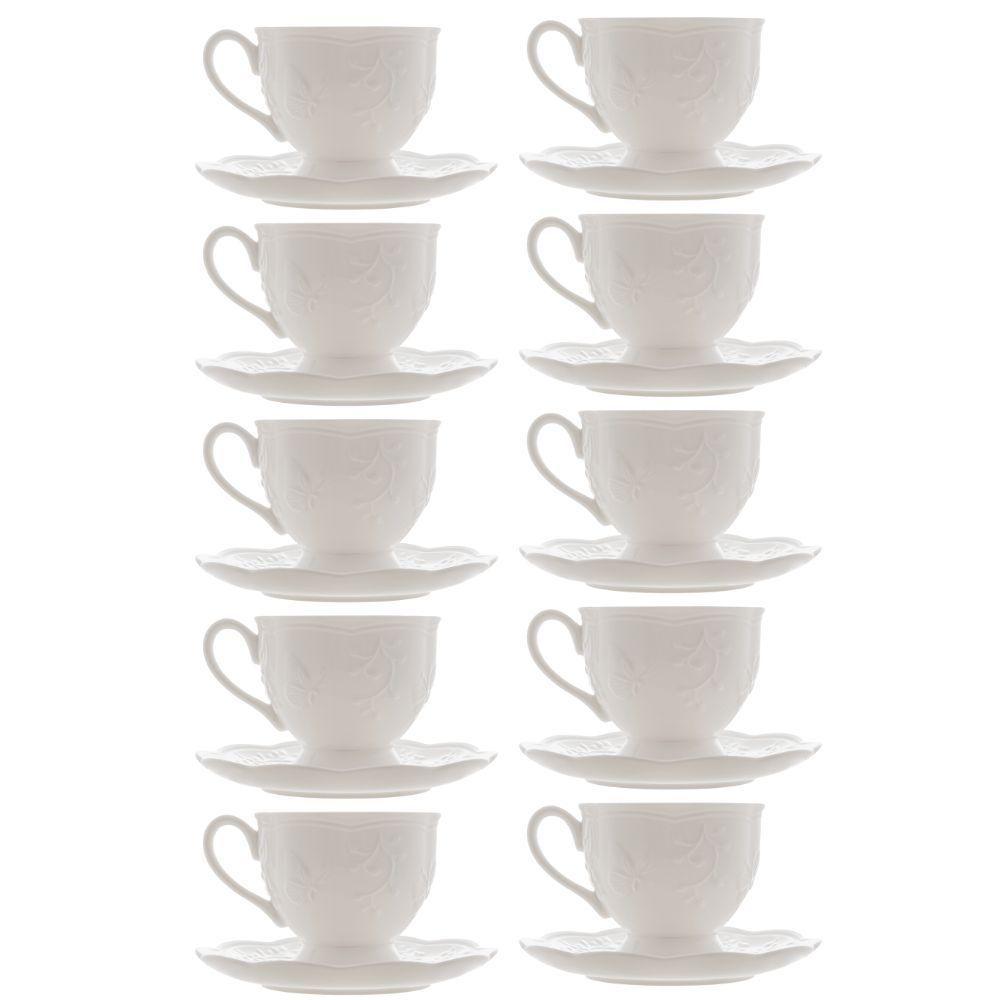 Jogo 10 XícarasDe Café Com Pires Em Porcelana New Bone Butterfly Borboleta E Flores 100ml Lyor - 1