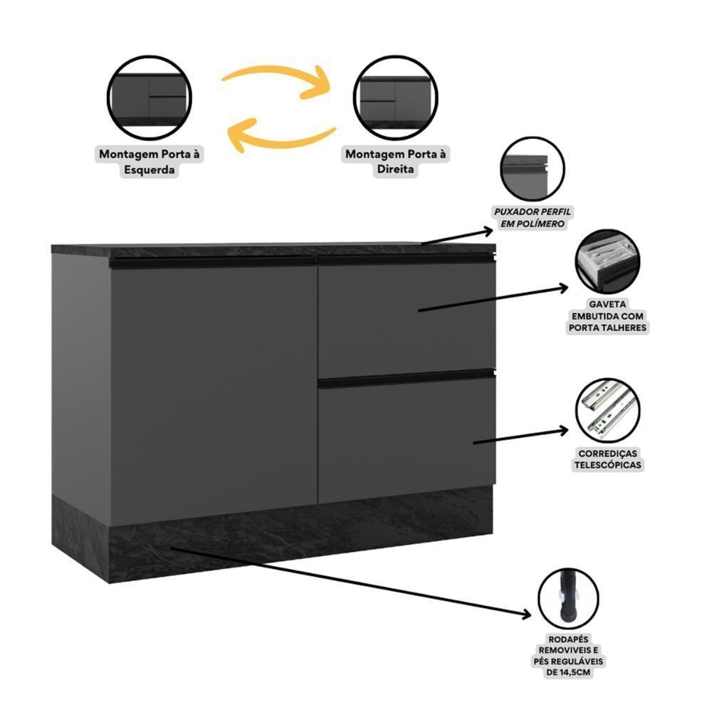 Balcão Etna Com Tampo 120 Cm 1 Porta E 3 Gavetas Com Rodapé Grafite Grafite - 5