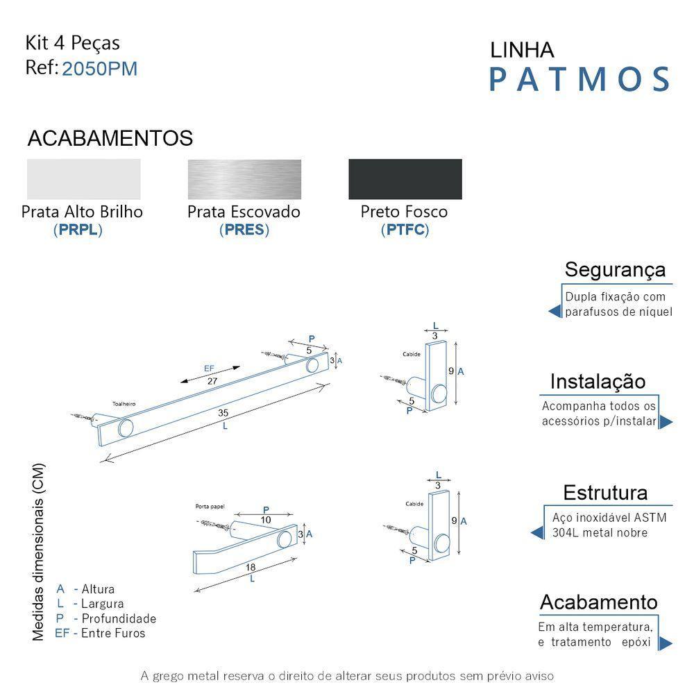 Kit Acessórios Banheiro Escovado 4 Peças Grego Metal 2050pm - 7