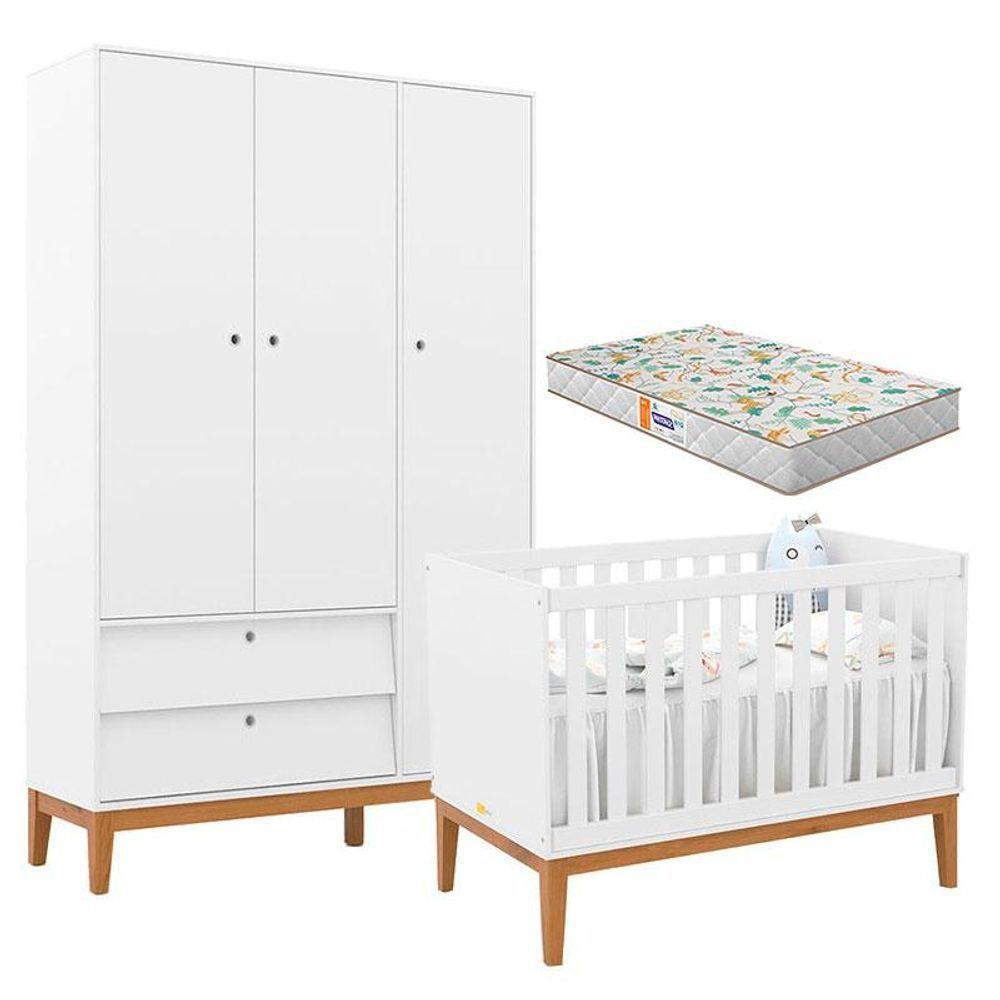 Berço Americano E Guarda Roupa Unique 3 Portas Branco Soft Eco Wood Com Colchão Gazin - Matic - 1