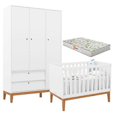 Berço Americano E Guarda Roupa Unique 3 Portas Branco Soft Eco Wood Com Colchão Gazin - Matic