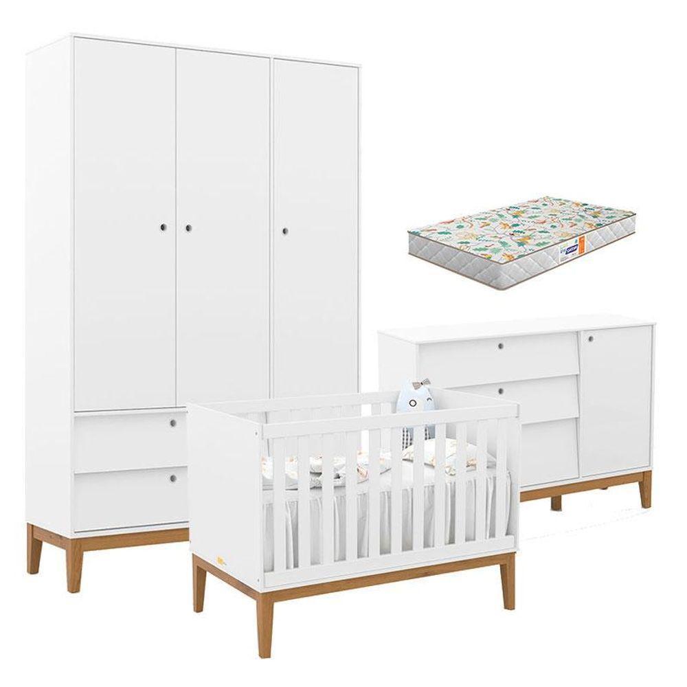 Quarto De Bebe Unique 3 Portas Com Cômoda Sapateira Branco Soft Eco Wood E Colchão Gazin - Matic - 1