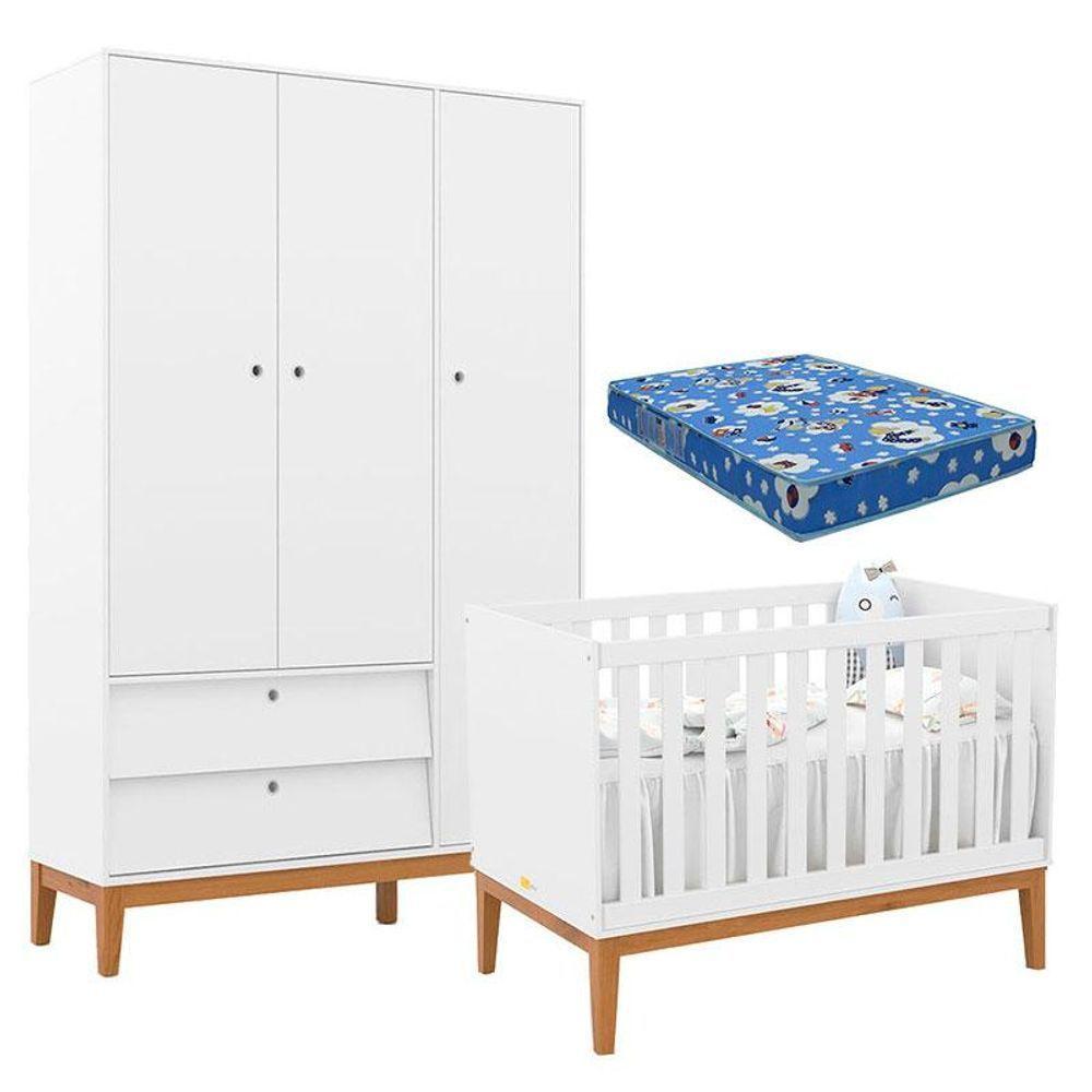 Berço Americano E Guarda Roupa Unique 3 Portas Branco Soft Eco Wood Com Colchão Ortobom - Matic - 1