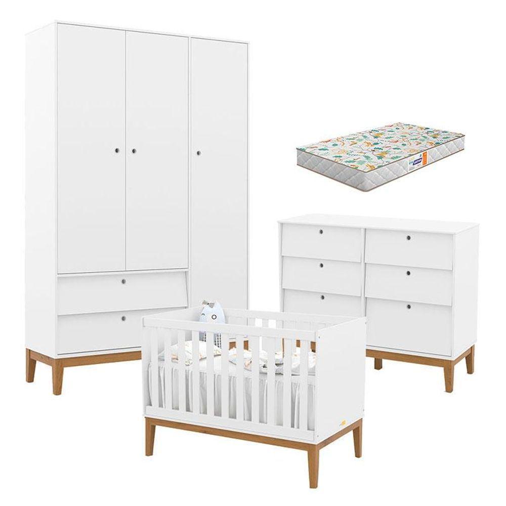 Quarto De Bebe Unique 3 Portas Com Cômoda 6 Gavetas Branco Soft Eco Wood E Colchão Gazin - Matic - 1