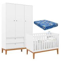 Berço Americano E Guarda Roupa Unique 3 Portas Branco Soft Eco Wood Com Colchão Ortobom - Matic - 1