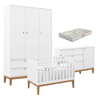Quarto De Bebe Unique 3 Portas Com Cômoda Sapateira Branco Soft Eco Wood E Colchão Gazin - Matic