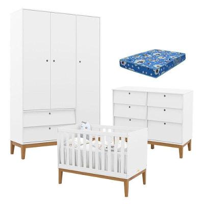 Quarto de Bebê Unique com Guarda-Roupa 3 Portas Cômoda 6 Gavetas MDF 136cm Branco Matic