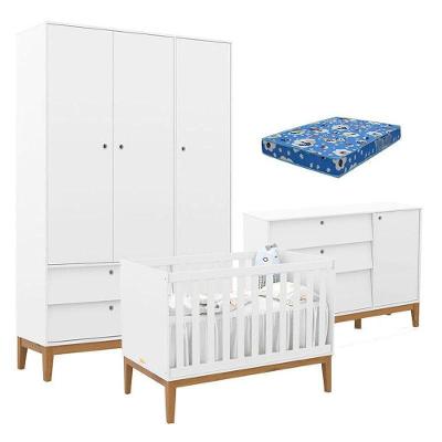 Quarto de Bebê Unique com Guarda-Roupa 3 Portas em MDF 136cm Branco Soft Eco Wood Matic