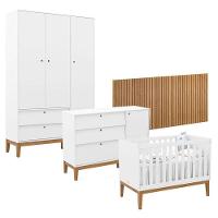 Quarto De Bebê Unique 3 Portas Com Cômoda Sapateira E Painel Ripado Branco Soft Eco Wood - Matic - 1
