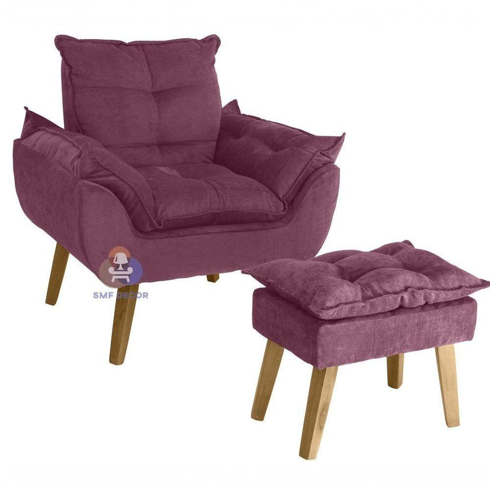 Poltrona/cadeira Decorativa E Puff Glamour Com Pés Quadrado Vinho / Bordô - 1