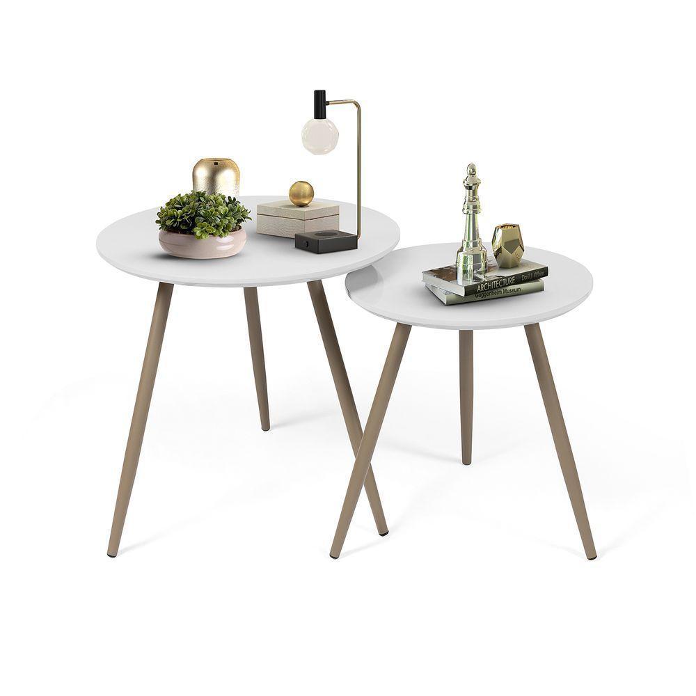 Kit Mesas Laterais Sofá 2 Unidades Pés Em Aço Tubular Decorativo Champanhe/branco - 1