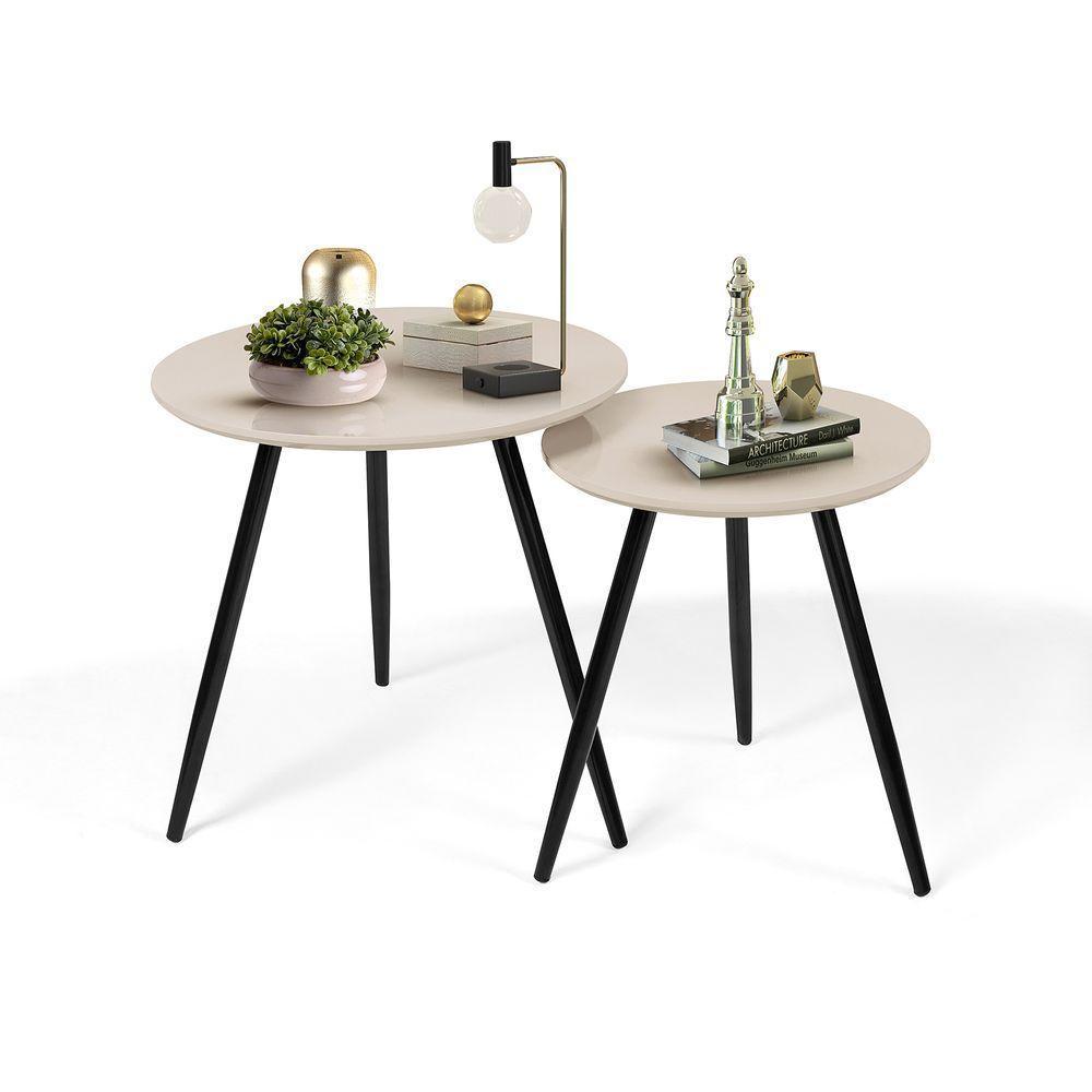 Kit Mesas Laterais Sofá 2 Unidades Pés Em Aço Tubular Decorativo Preto/off White - 1