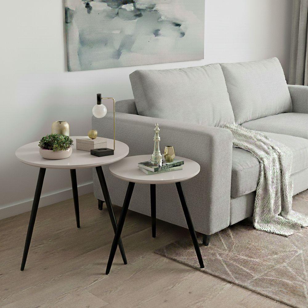 Kit Mesas Laterais Sofá 2 Unidades Pés Em Aço Tubular Decorativo Preto/off White - 2