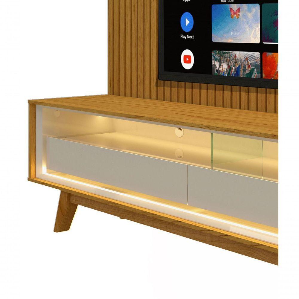 Rack Retrô Com Painel 1.85 Ripado Com Led Nobre Naturale Com Off White - Gelius Móveis - 3