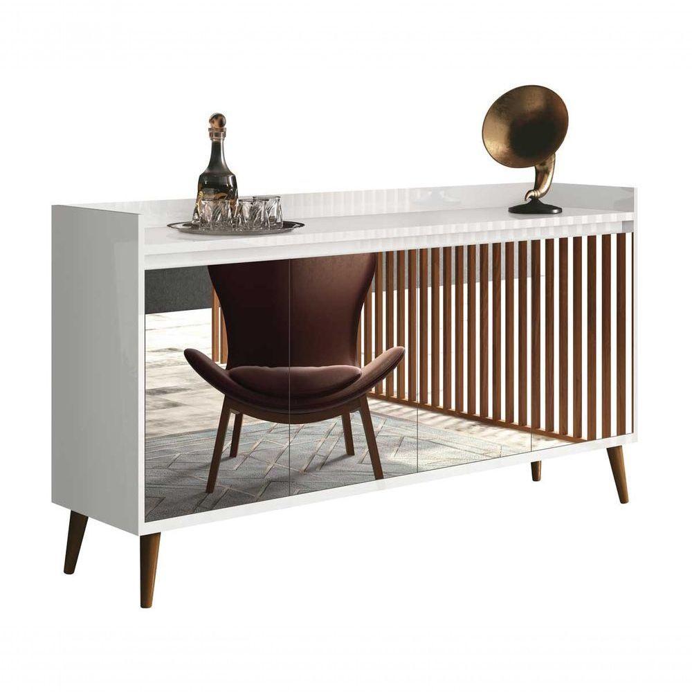 Balcao Buffet Retrô Com Espelho Delta 4 Portas Branco Gloss - Moveisaqui - 1