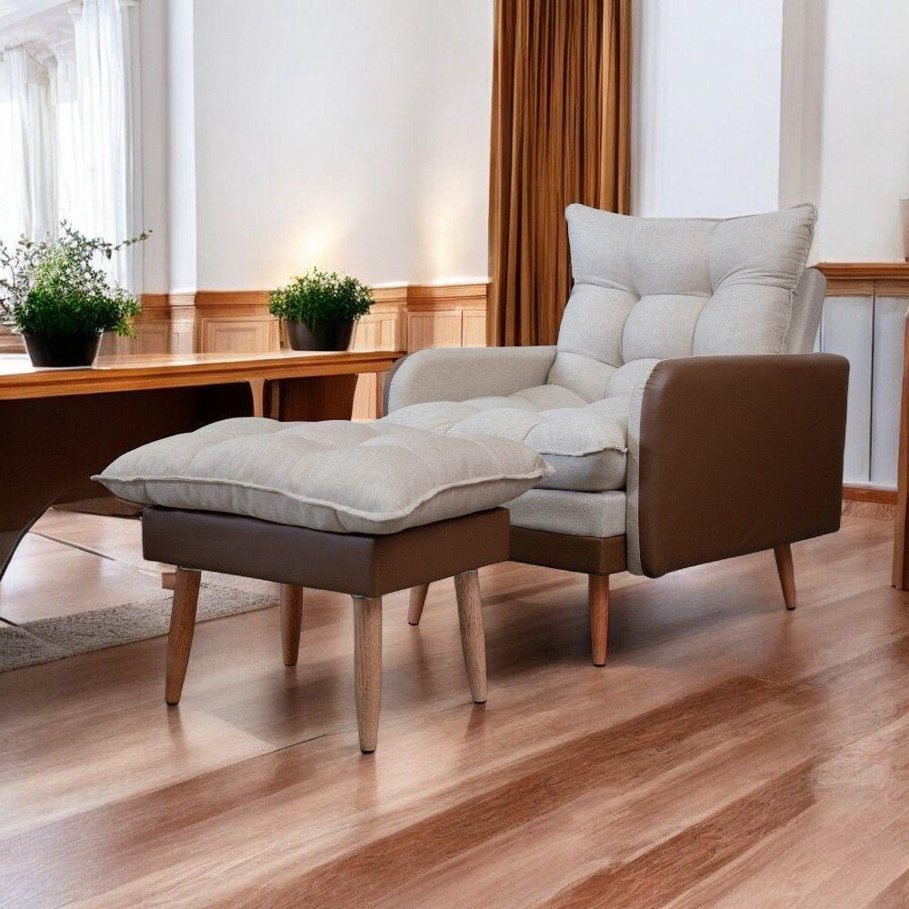 Poltrona Reclinável Com Puff Corino Chocolate E Linho Bege Chocolate Com Bege - 5