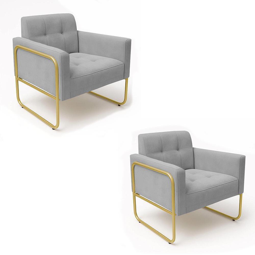 Poltrona Sala Industrial Alta Tubo Dourado Kit 2 Elisa Suede Cinza D03 - D'rossi - 2