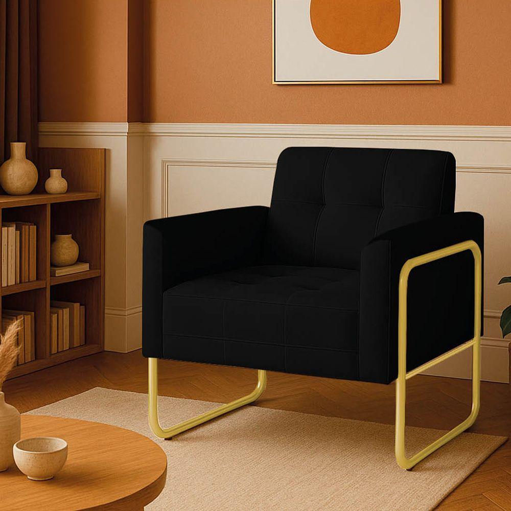 Poltrona Sala Industrial Alta Tubo Dourado Elisa Veludo Preto D03 - D'rossi - 1