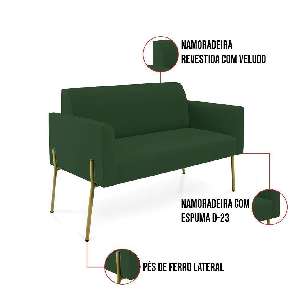 Sofá Namoradeira E 2 Poltronas Pé De Ferro Dourado Marisa Veludo Verde - 7