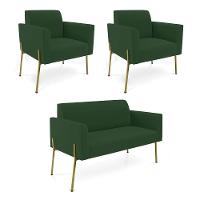 Sofá Namoradeira E 2 Poltronas Pé De Ferro Dourado Marisa Veludo Verde - 1