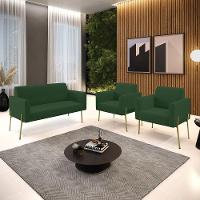 Sofá Namoradeira E 2 Poltronas Pé De Ferro Dourado Marisa Veludo Verde - 6