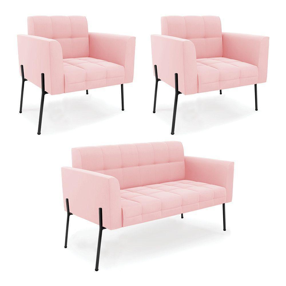 Sofá Namoradeira E 2 Poltronas Pé De Ferro Preto Elisa Suede D03 - D'rossi Rosa Bebê - 1