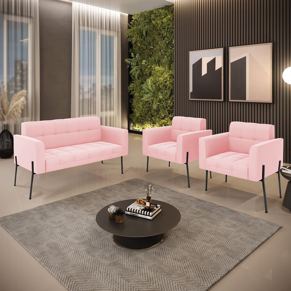 Sofá Namoradeira E 2 Poltronas Pé De Ferro Preto Elisa Suede D03 - D'rossi Rosa Bebê - 2