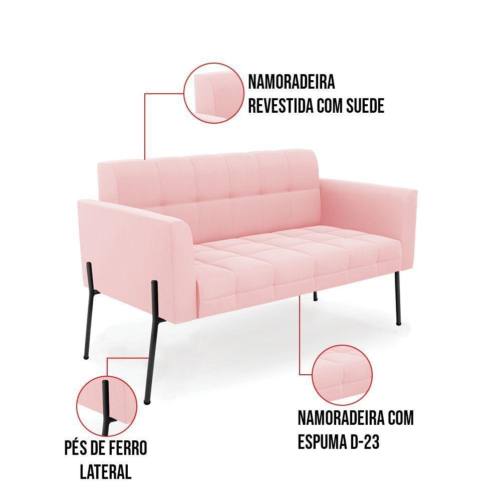 Sofá Namoradeira E 2 Poltronas Pé De Ferro Preto Elisa Suede D03 - D'rossi Rosa Bebê - 6