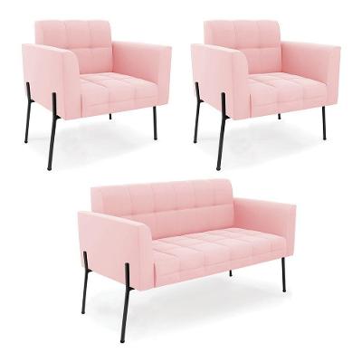 Sofá Namoradeira E 2 Poltronas Pé De Ferro Preto Elisa Suede D03 - D'rossi Rosa Bebê