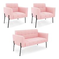 Sofá Namoradeira E 2 Poltronas Pé De Ferro Preto Elisa Suede D03 - D'rossi Rosa Bebê - 1