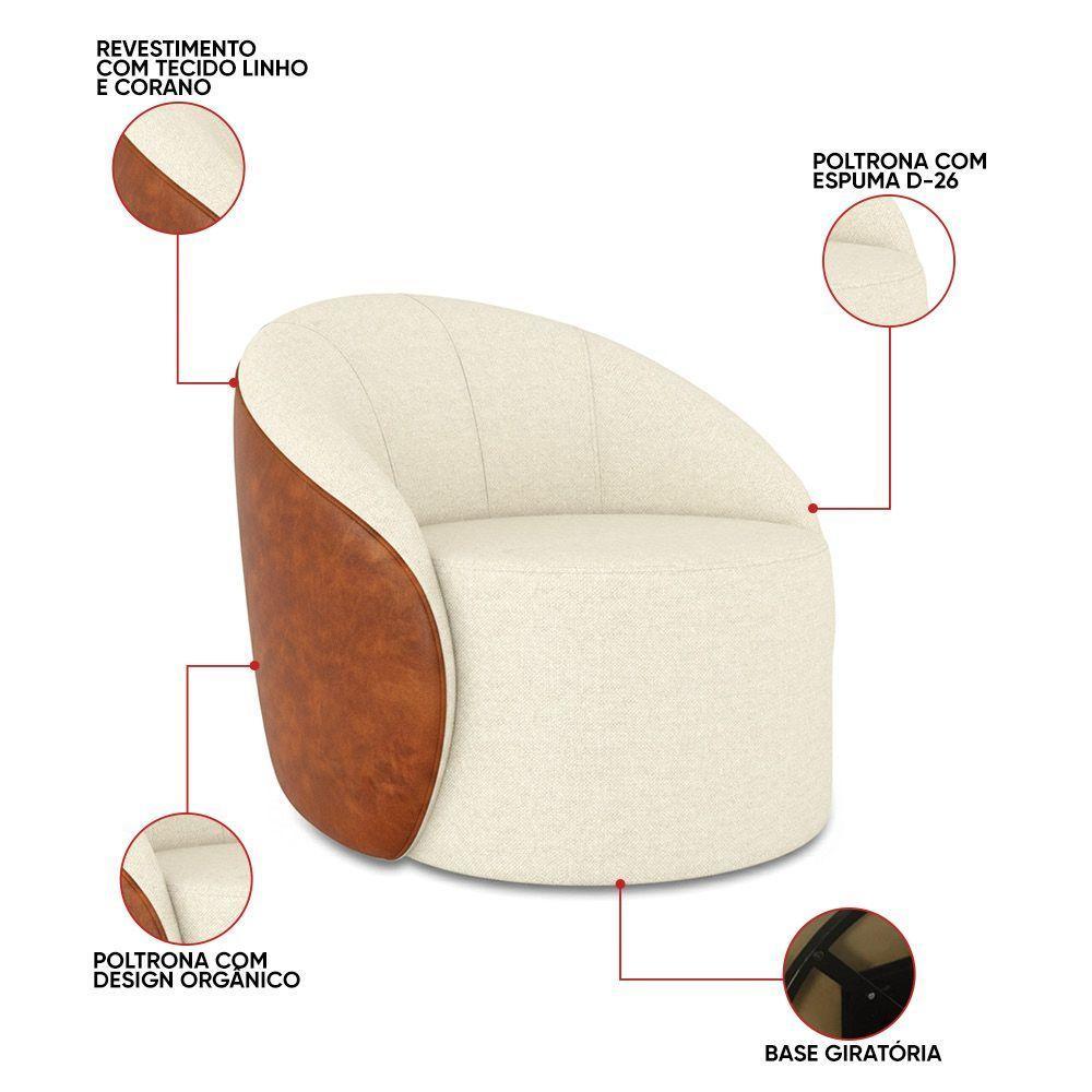 Poltrona Sala Orgânica Kit 2 Lua Giratória Sintético Pu Nozes-linho Bege D03 - D'rossi - 3