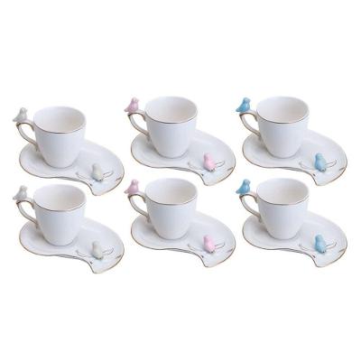 Conjunto de Xícaras de Café Cute Birds Design Plate em Porcelana Branco Rosa e Azul Wolff