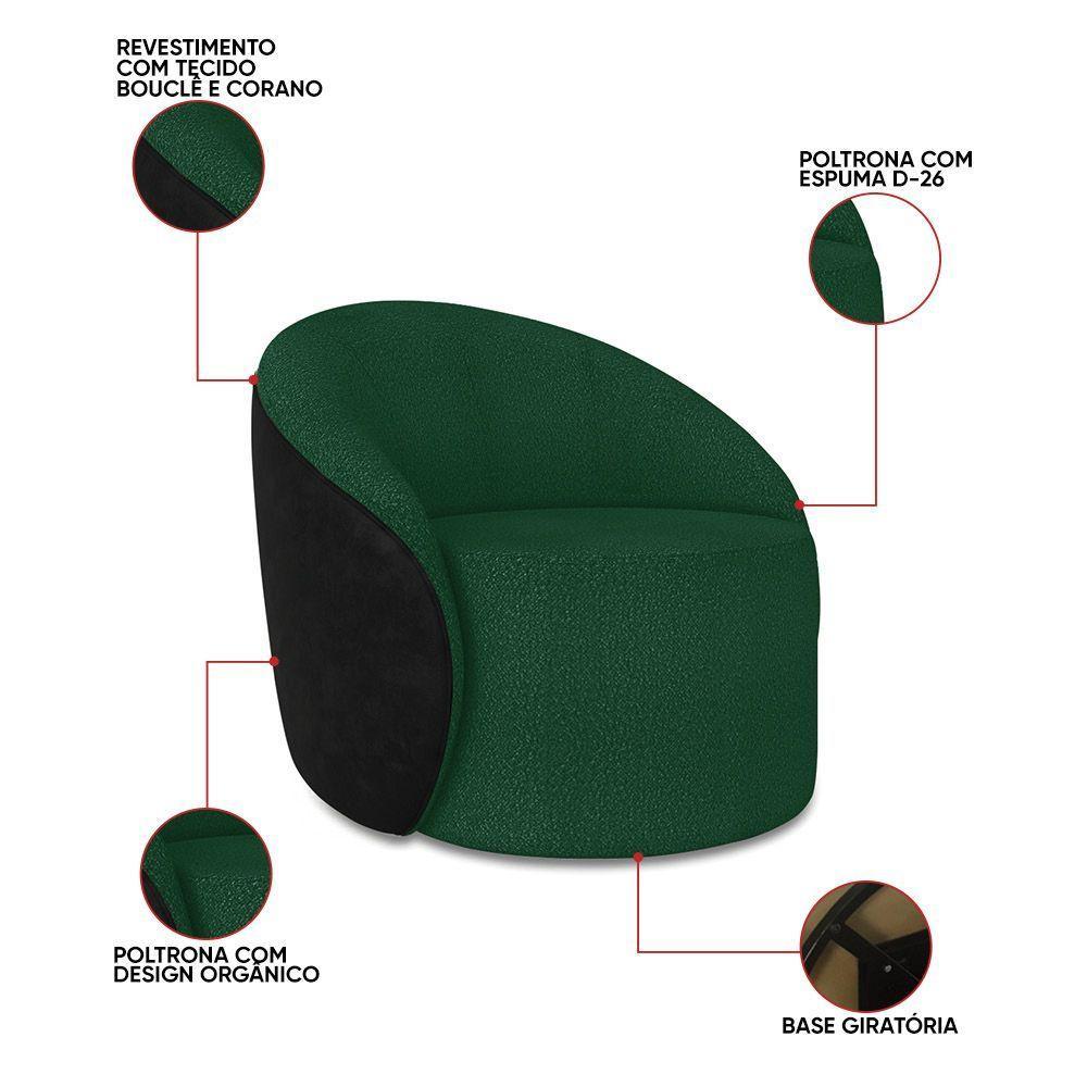 Poltrona Sala Orgânica Lua Giratória Sintético Pu Preto/bouclê Verde D03 - D'rossi - 3