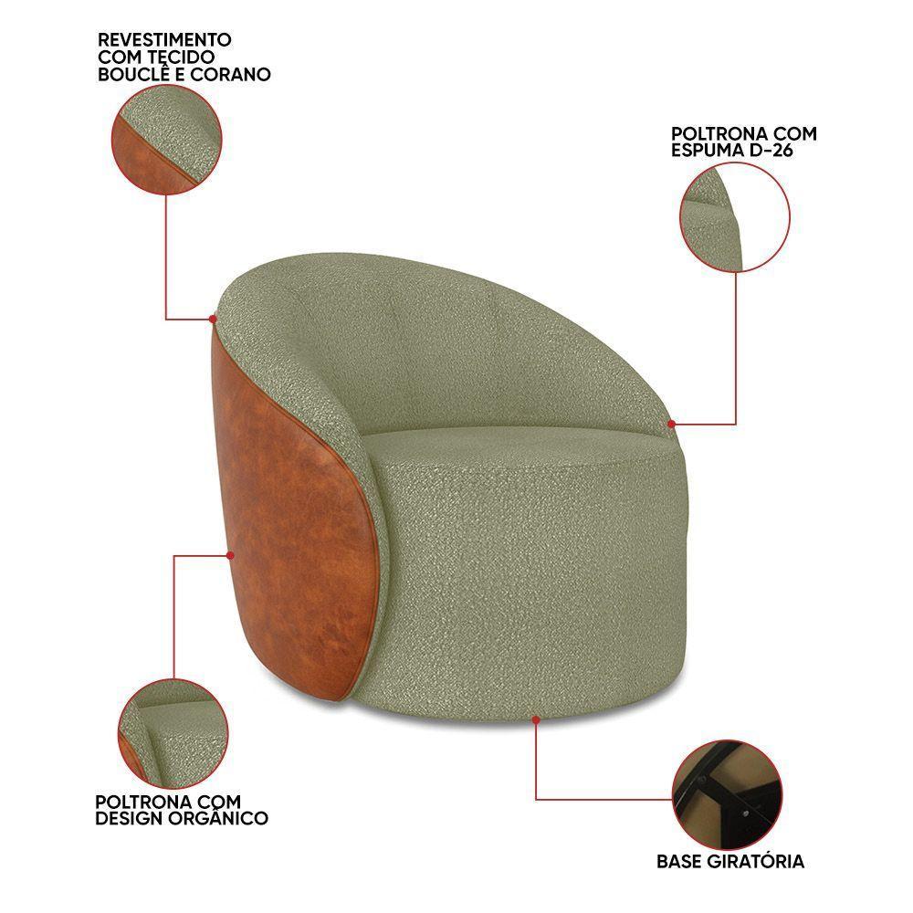 Poltrona Sala Orgânica Lua Giratória Sintético Pu Nozes/bouclê Pistache D03 - D'rossi - 4