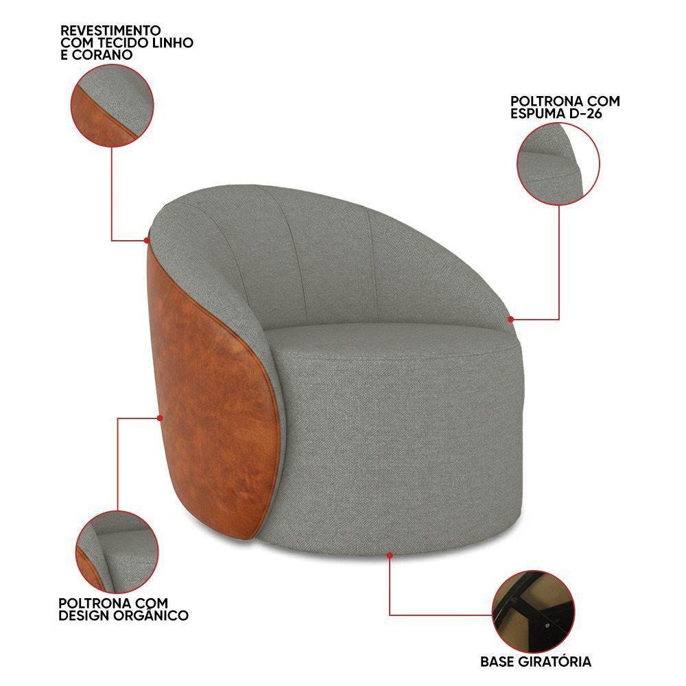 Poltrona Sala Orgânica Lua Giratória Sintético Pu Nozes/linho Grafite D03 - D'rossi - 3