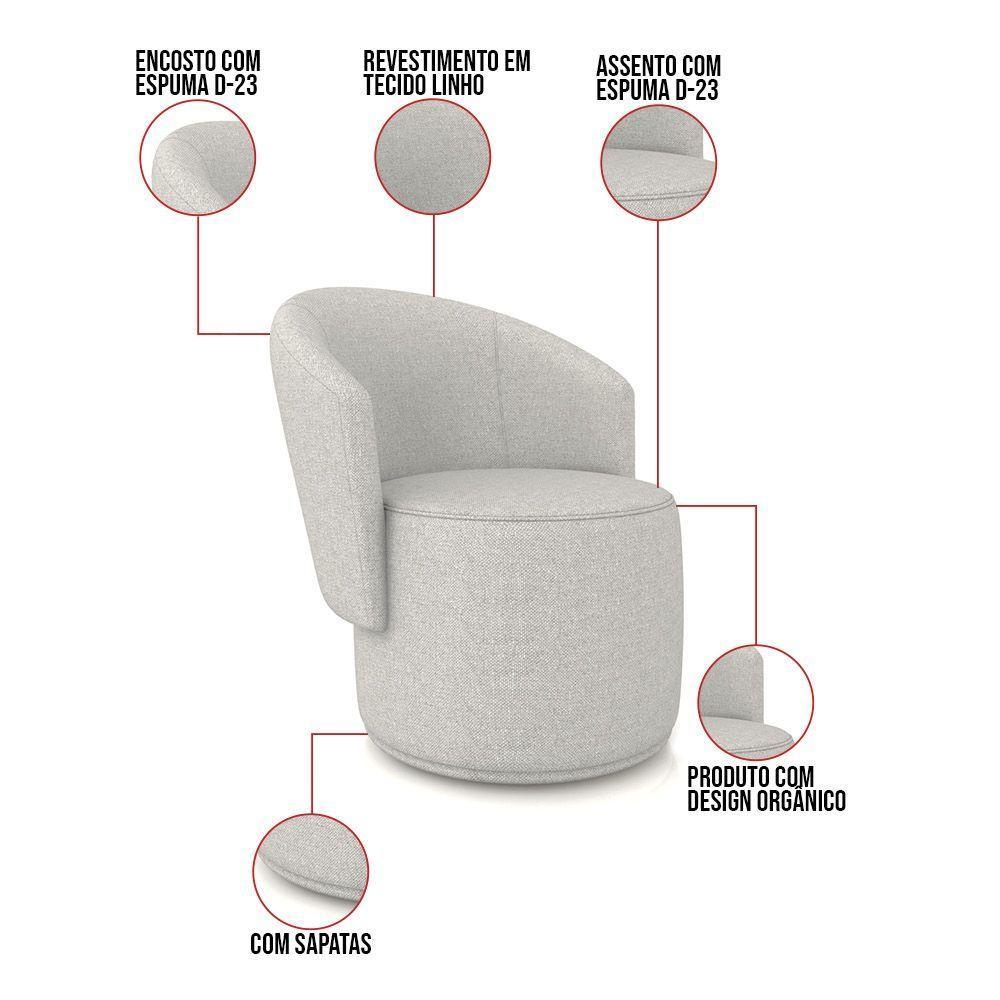 Poltrona Decorativa Orgânica Fixa Para Sala Malu Linho Cinza M11 - D'rossi - 3