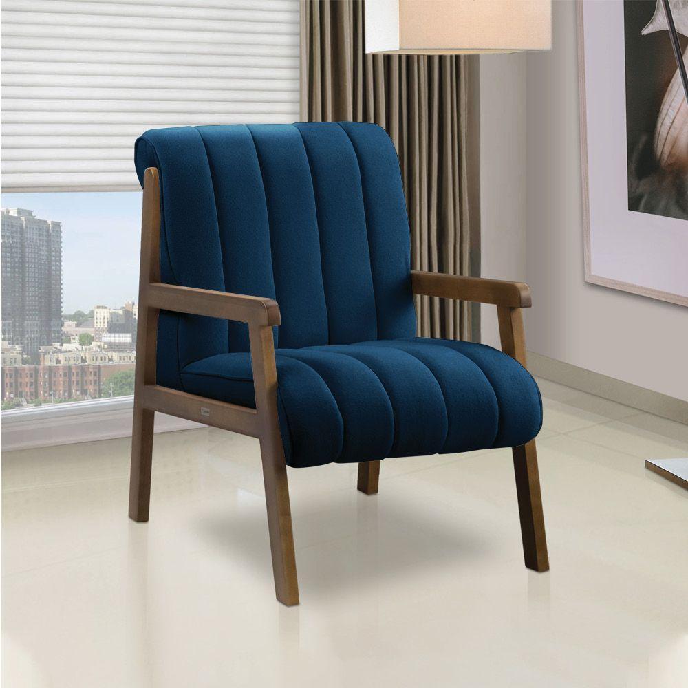 Poltrona Decorativa Sala Base De Madeira Kit 2 Daline Bouclê E03 - D'rossi Cor Azul Marinho - 2